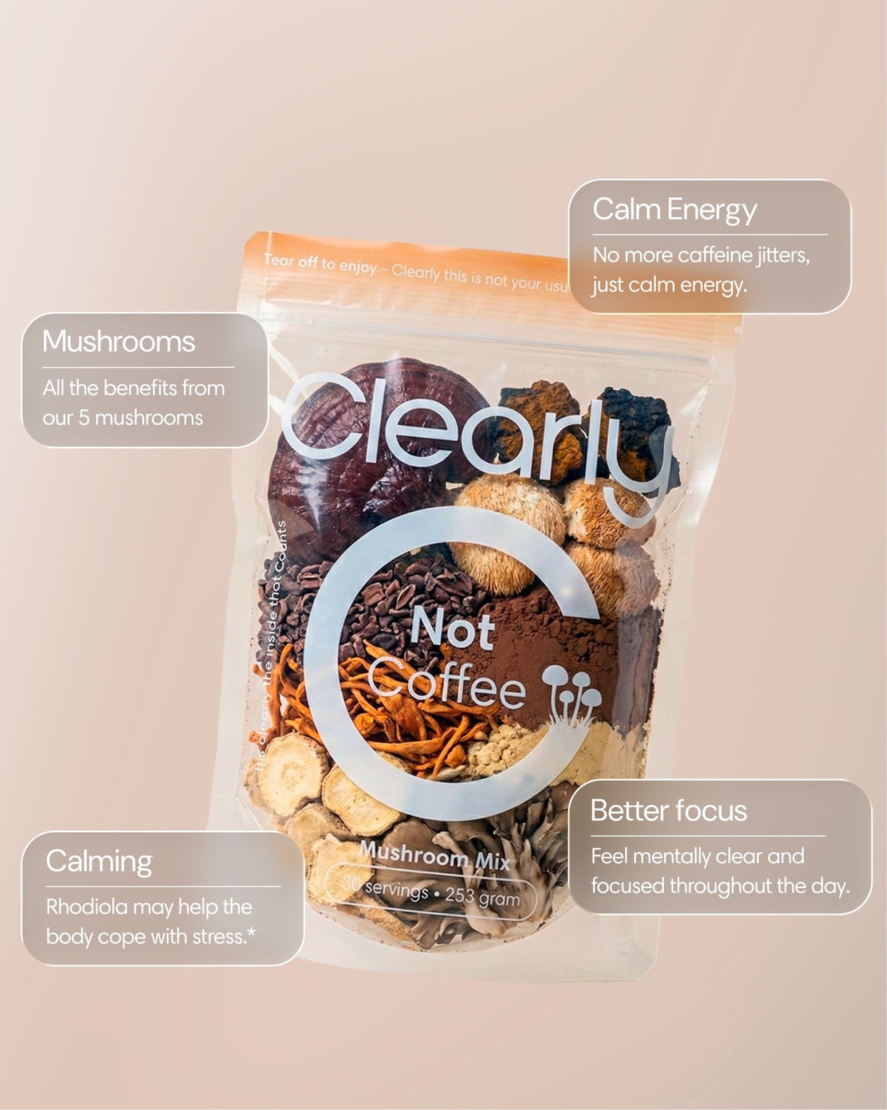 “Clearly Not Coffee mushroom blend with key benefits highlighted: five functional mushrooms, stable energy without caffeine, calming effects and improved focus.”